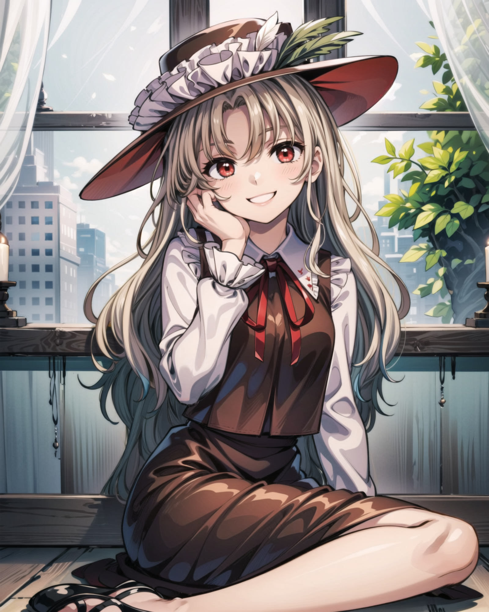 00116-2827524942-, solo, 1girl, dippjacketgirl, smile, looking at viewer, sitting, hand on own face, frilled hat, hat feather, collared shirt, re.png